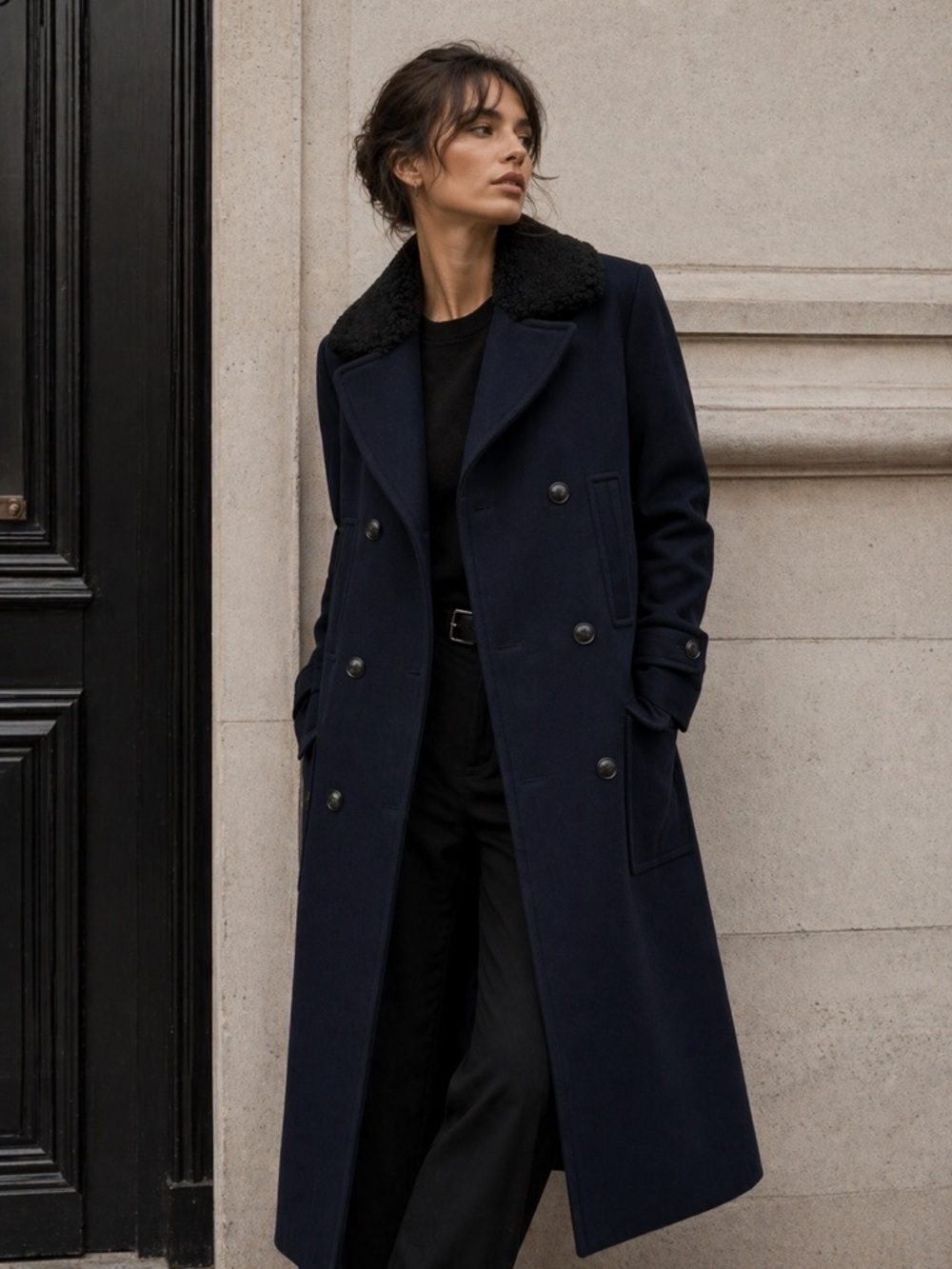 THE KOOPLES Wool NAVY Double-Breasted Long Coat with Black Sherling Collar